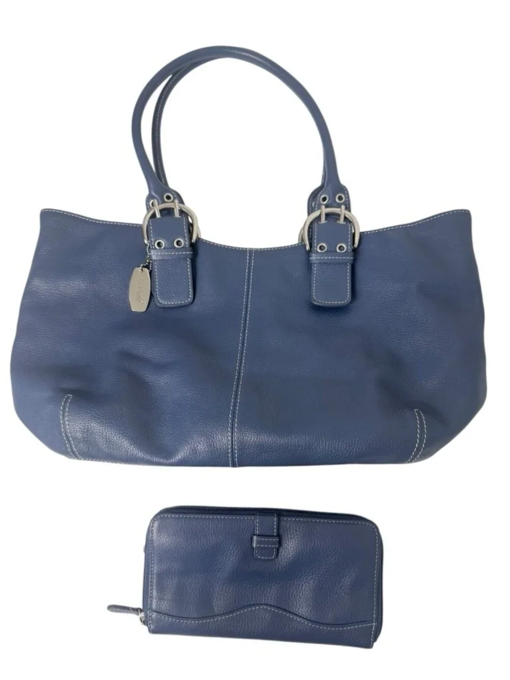 Tignanello Genuine Leather Navy Blue Tote Handbag Shoulder Bag and Wallet